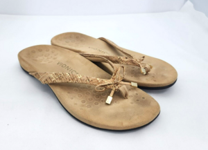 Vionic Bella 10 W/Wide Flip Flop Comfort Thong Sandals Tan/Gold Cork Bow Used